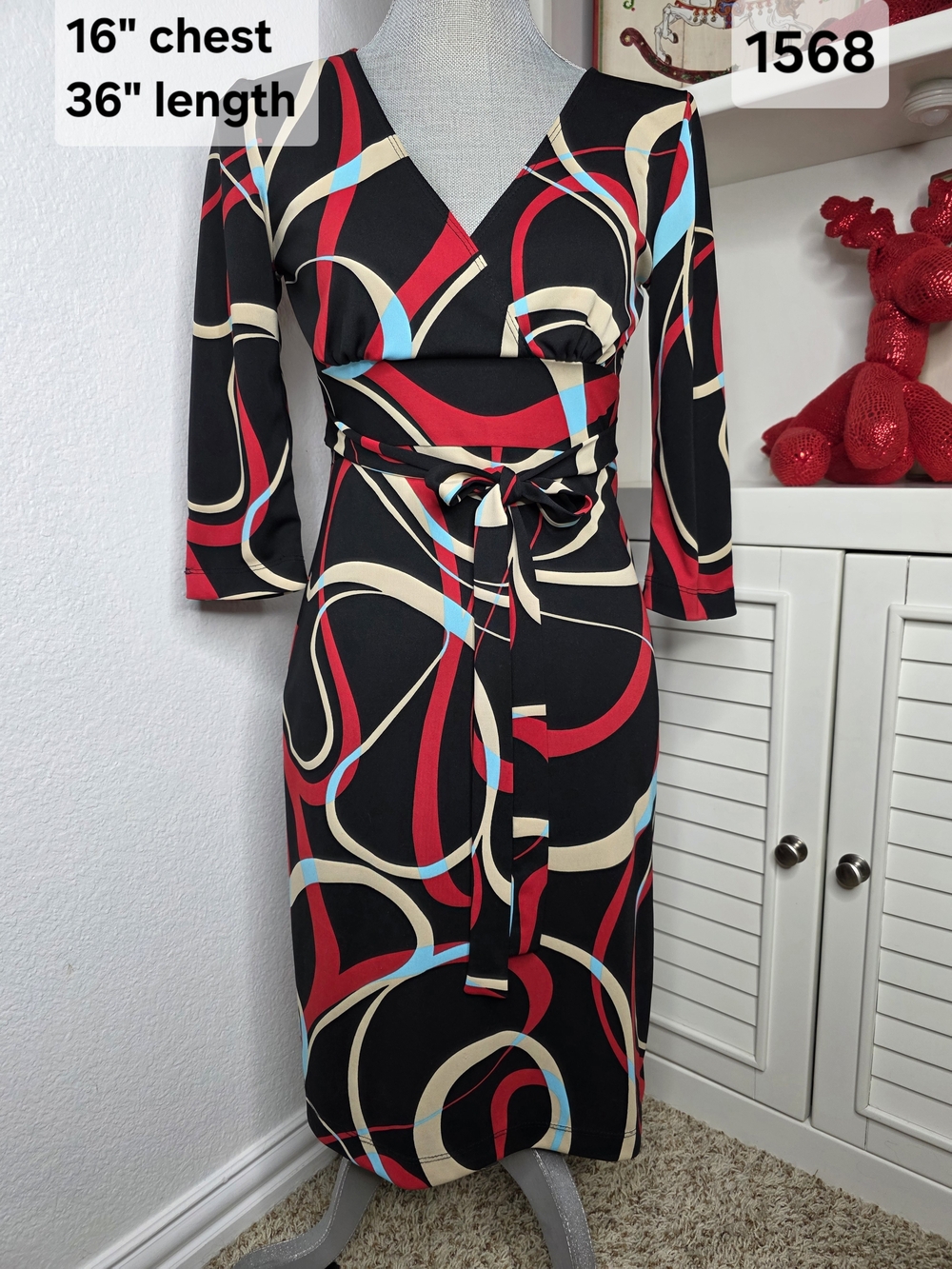 My Michelle Black Faux Wrap Dress with Red, Cream and Light Blue Swirls